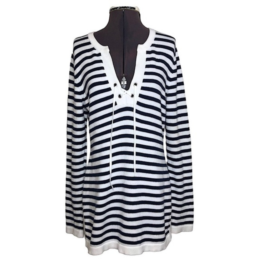 Nautica Cotton Knit V Neckline String Navy White Stripes Versatile Sweater M